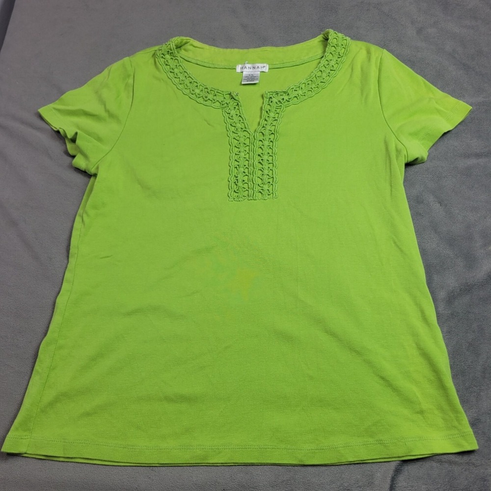 Hannah Womens Green Short Sleeve Top Crochet Accent Neckline 100% Cotton Size L